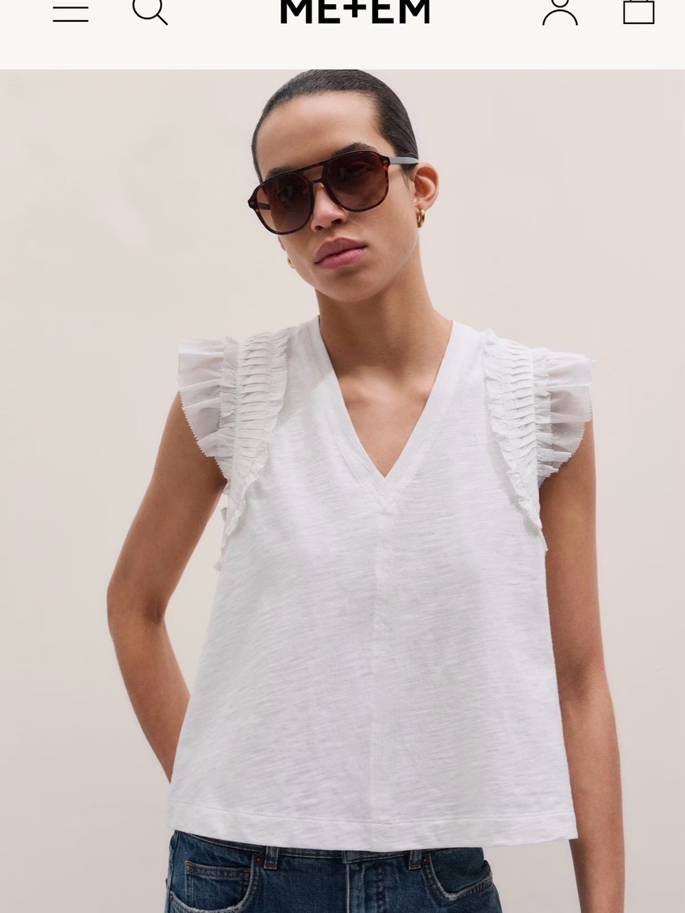 ME+EM White Ruffle Sleeve V-Neck Top